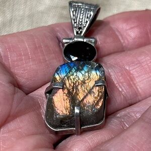 Stunning Raw Labradorite, Faceted Garnet and Sterling Silver Pendant